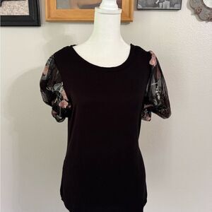 Willow Black Blouse with Floral Mesh Sleeves